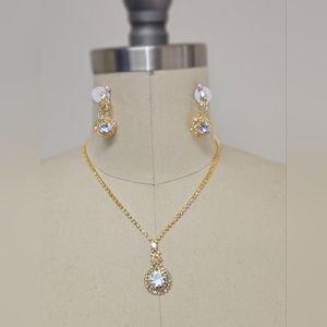 Gold Rhinestone Necklace Earring Set